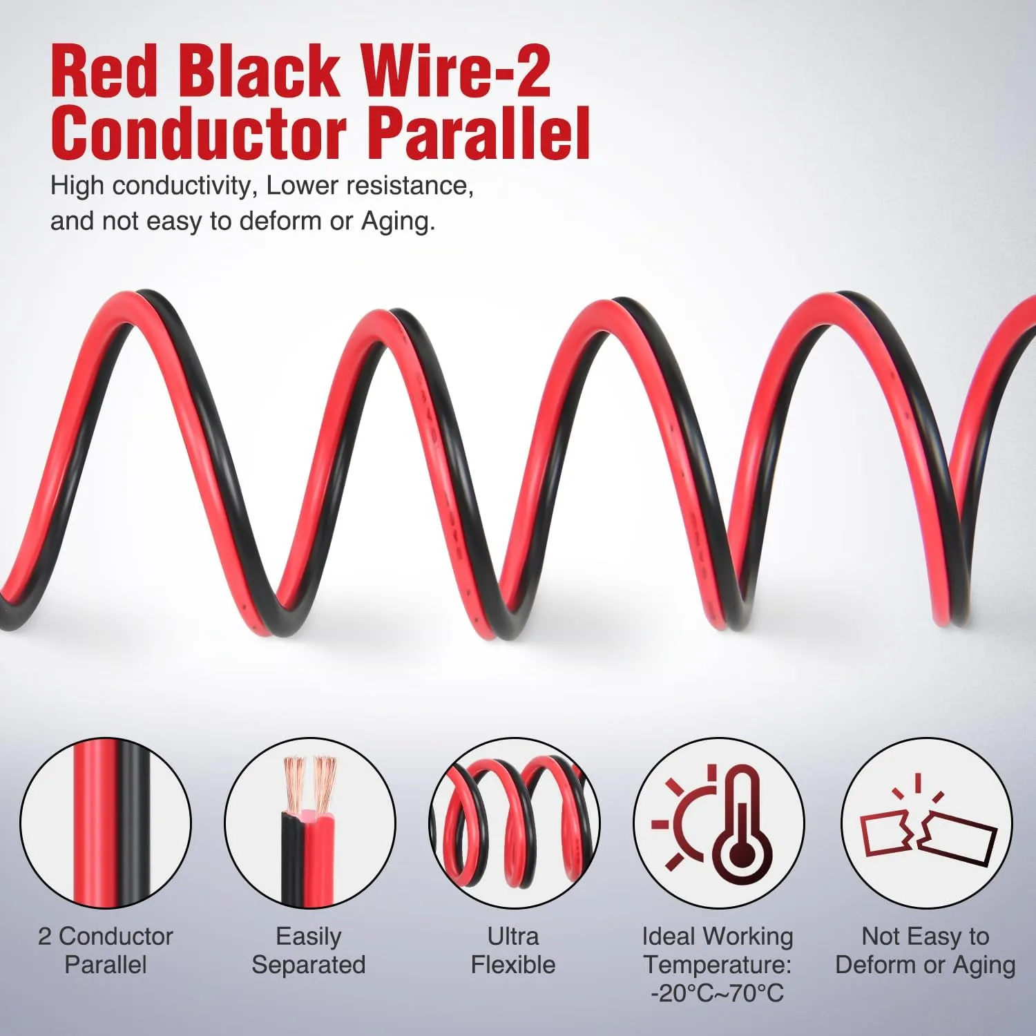 14AWG 50FT Copper Clad Aluminum Wire 14/2 Gauge Red Black CCA Electrical Cable 2 Conductor Parallel 12V/24V DC Flexible Extension Cords