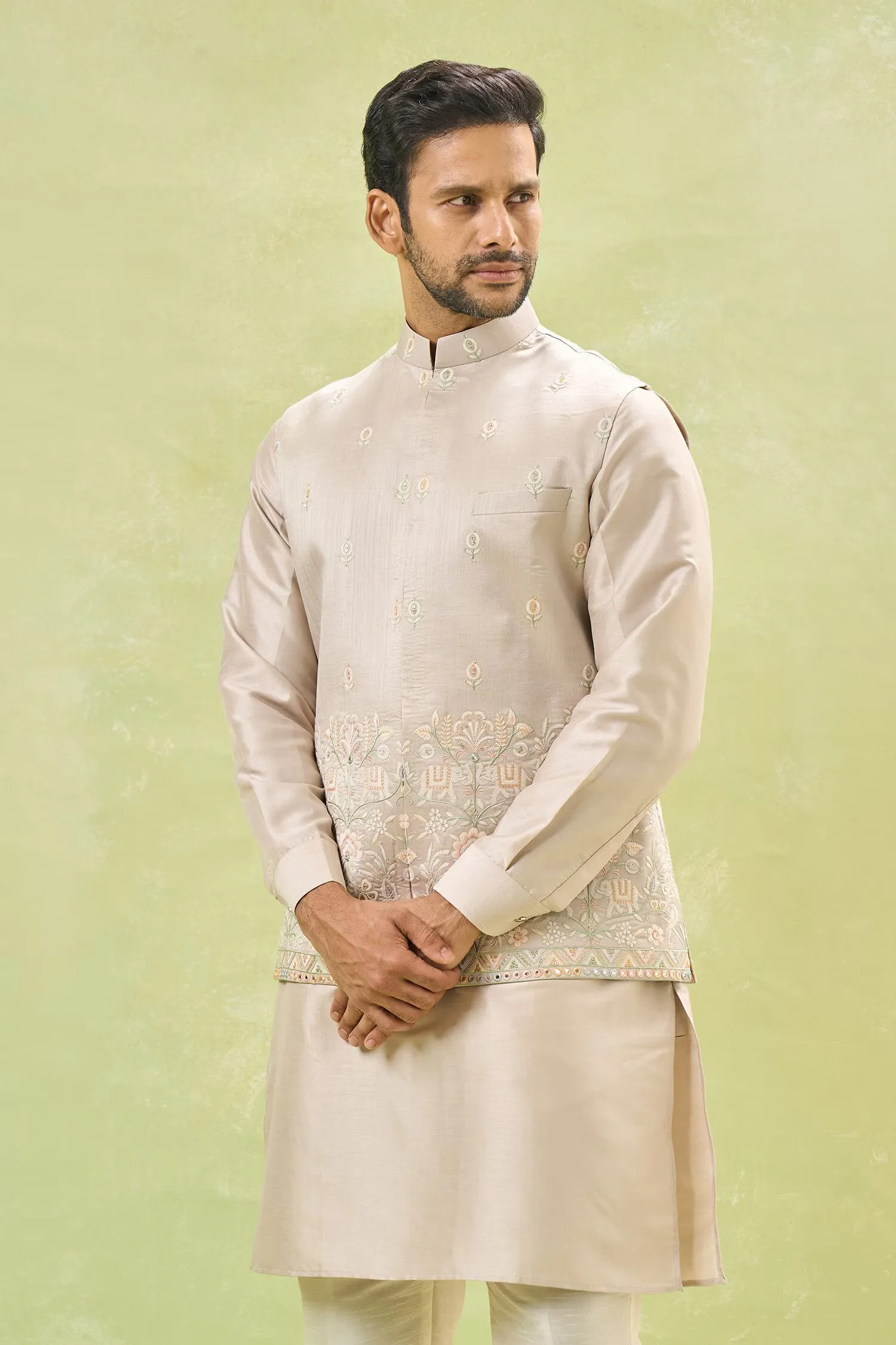 Beige Embroidered Kurta-Jacket Set