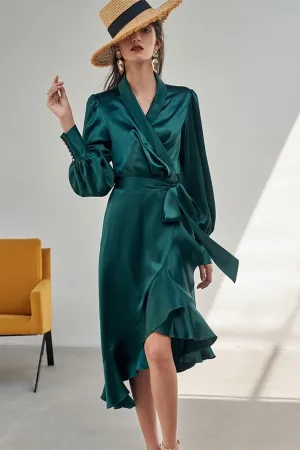 Chic Green Wrap Dress with Long Sleeves