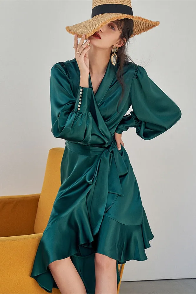 Chic Green Wrap Dress with Long Sleeves