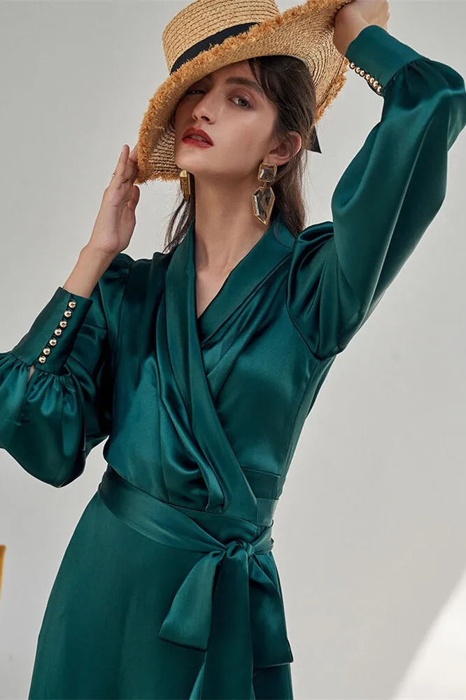 Chic Green Wrap Dress with Long Sleeves