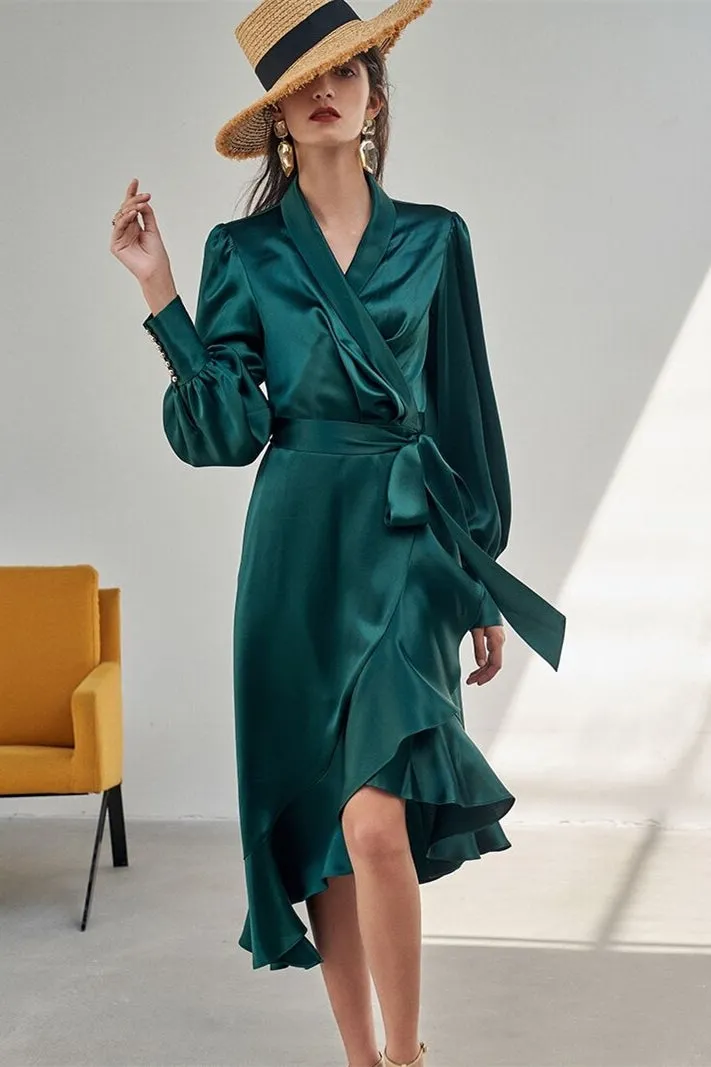 Chic Green Wrap Dress with Long Sleeves
