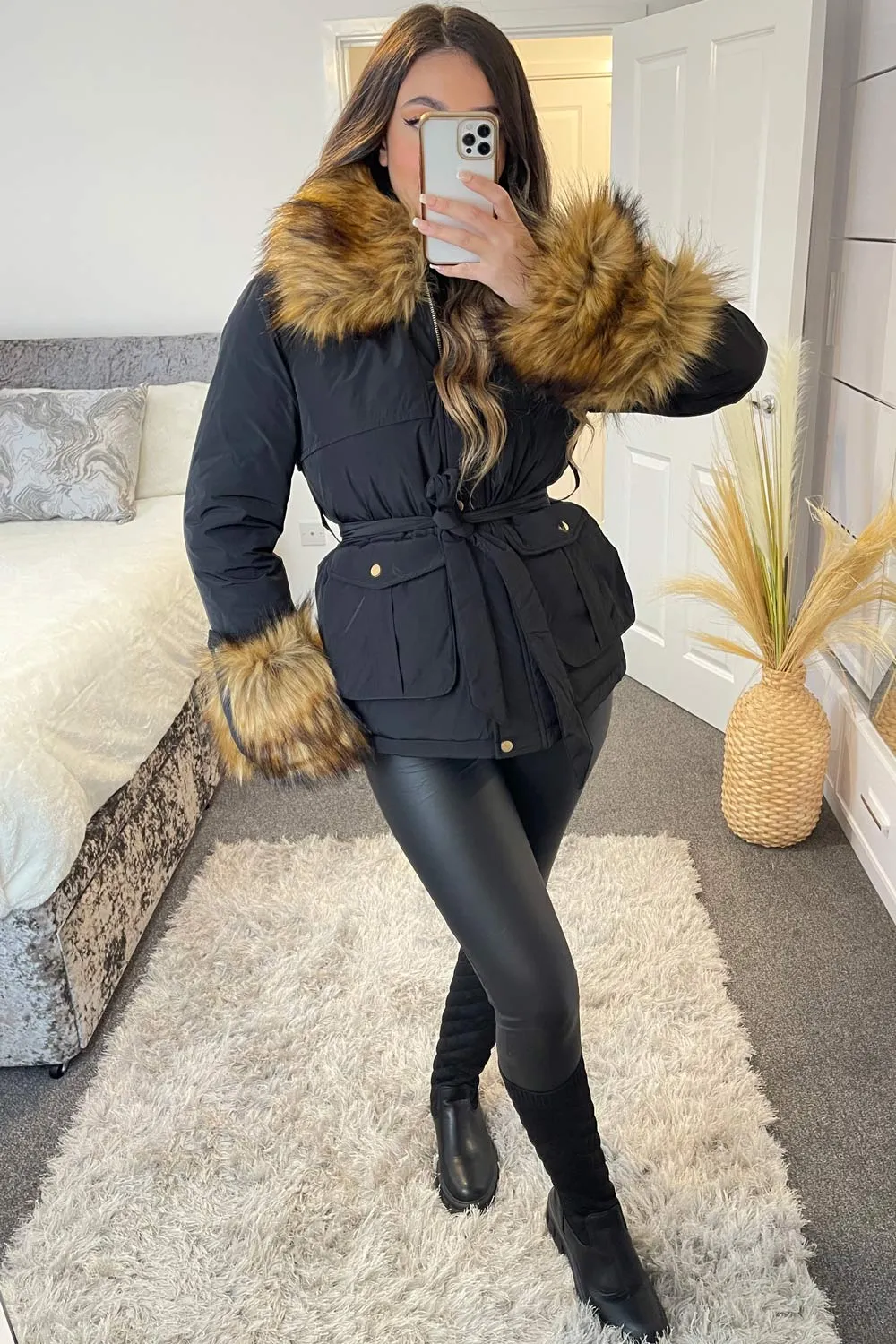 Maddison Black Padded Faux Fur Trim Hooded Coat