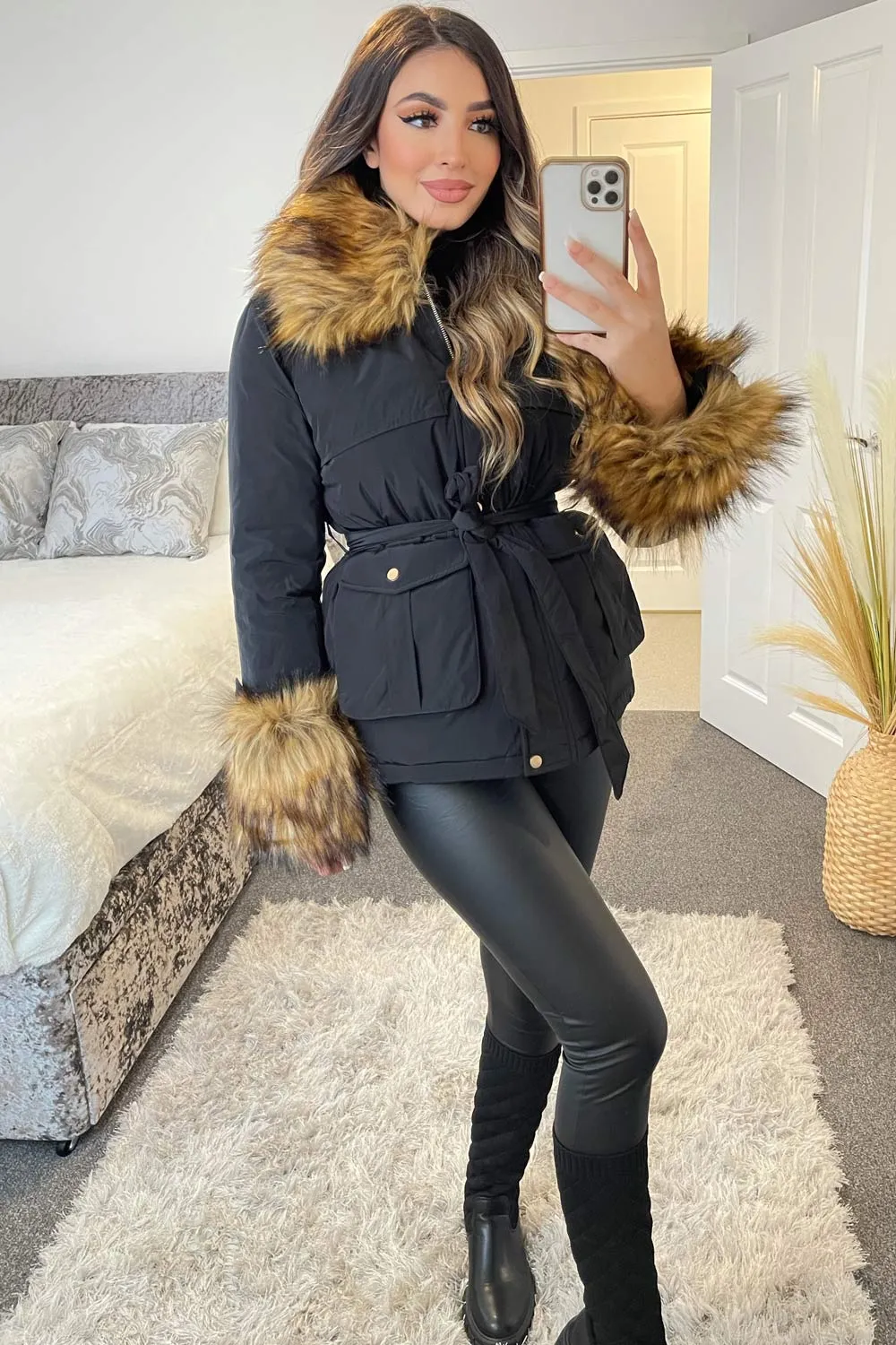 Maddison Black Padded Faux Fur Trim Hooded Coat