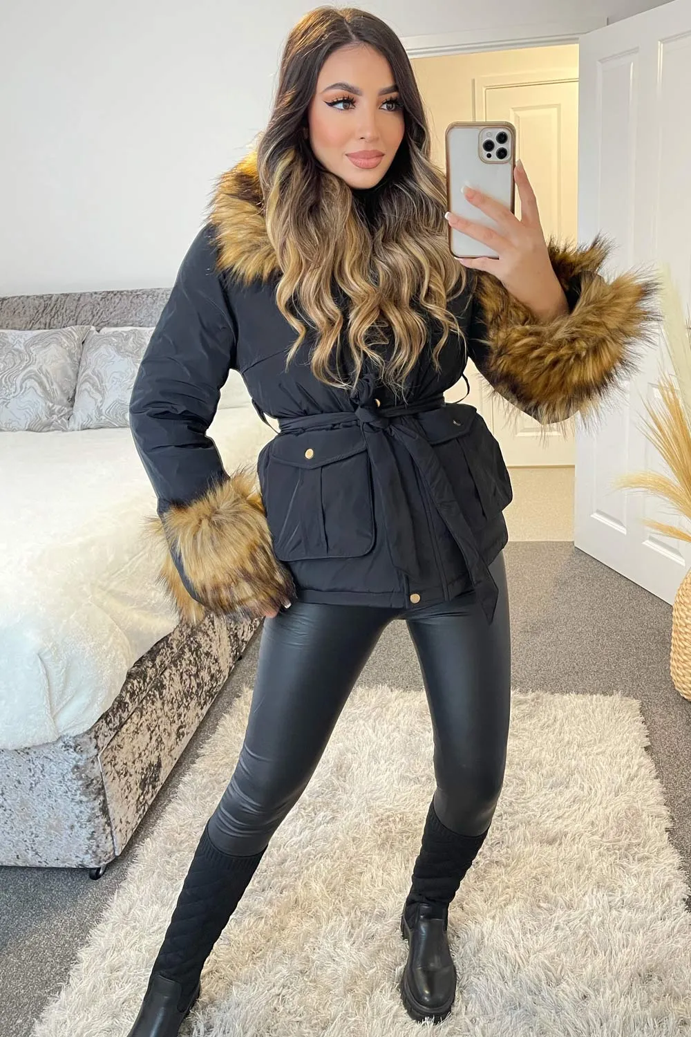 Maddison Black Padded Faux Fur Trim Hooded Coat