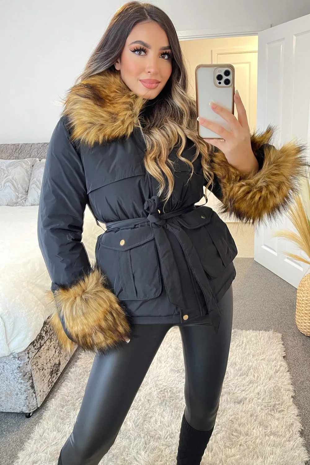 Maddison Black Padded Faux Fur Trim Hooded Coat