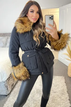 Maddison Black Padded Faux Fur Trim Hooded Coat