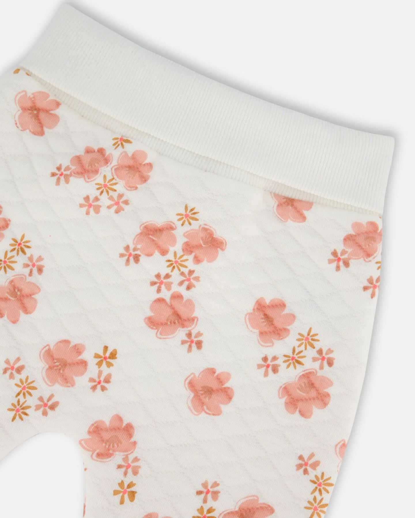 Printed Quilted Top And Pant Set White And Pink Flowers