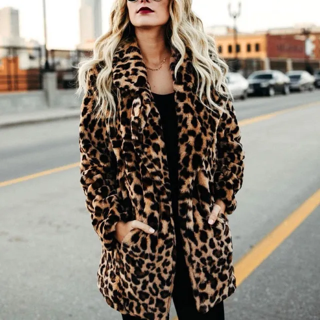 S, M, L, XL, XXL Leopard Faux-fur Long Sleeve Waistcoat Hoodie