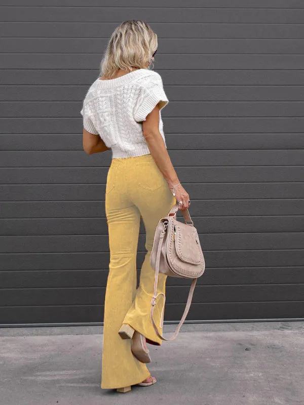 Solid Color High Waist Slim Flared Casual Corduroy Pants