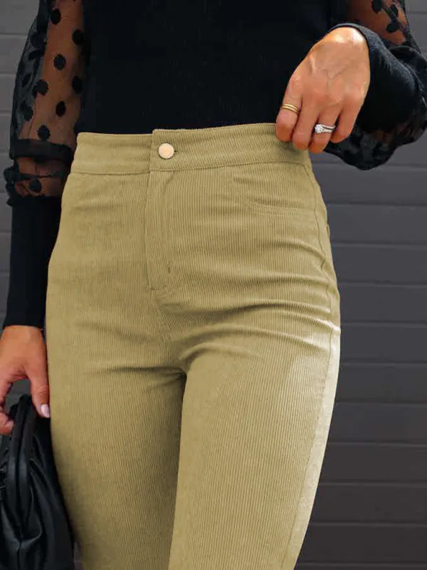 Solid Color High Waist Slim Flared Casual Corduroy Pants