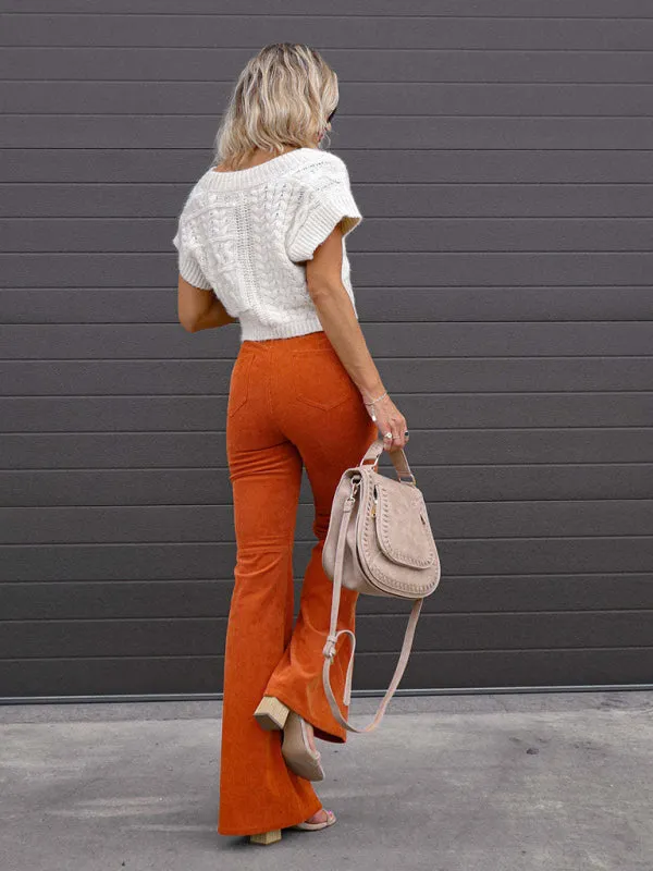 Solid Color High Waist Slim Flared Casual Corduroy Pants